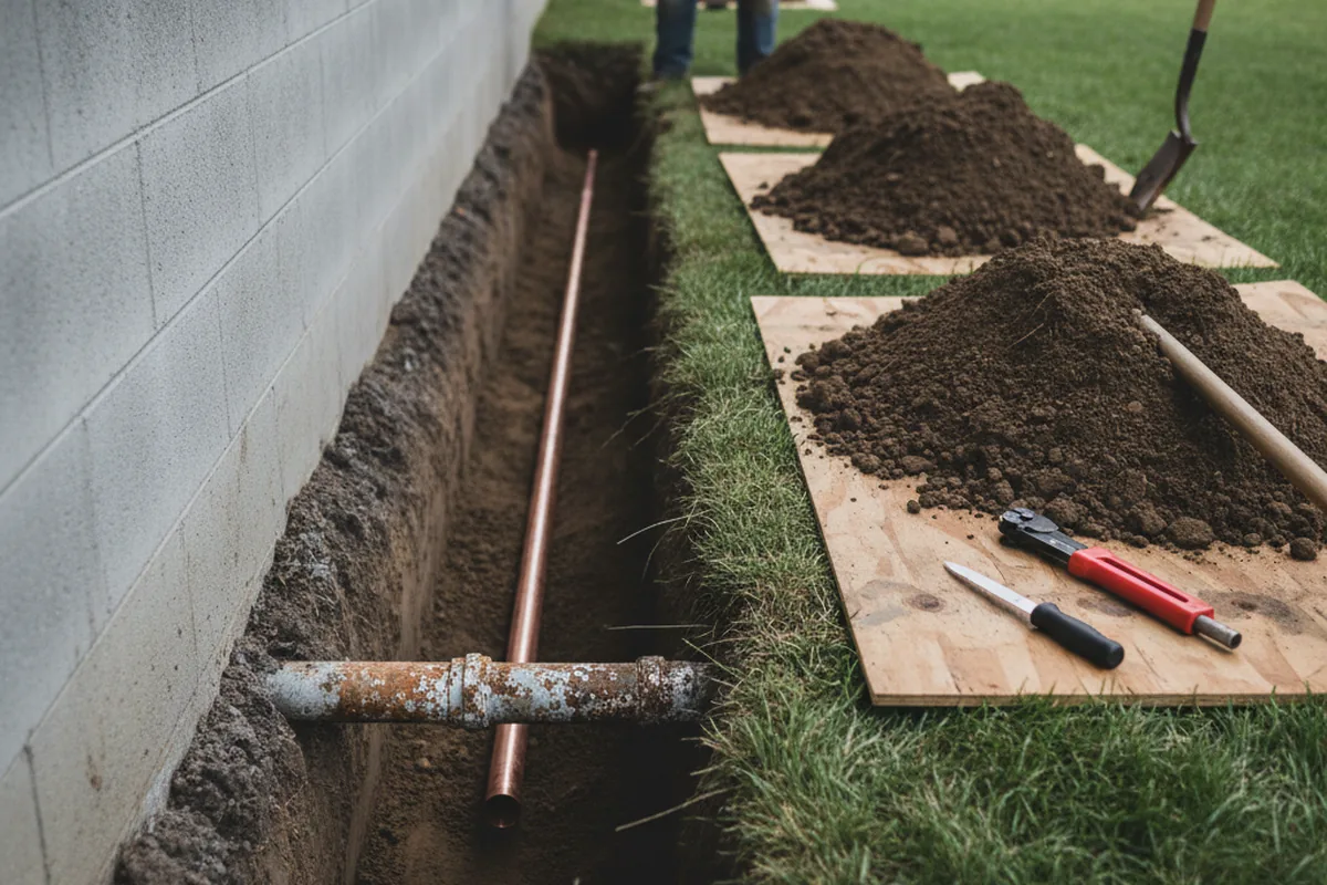 Excavated water line trench during Water Heater Repair in Port Jefferson Station